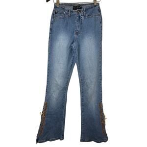 Sz 5 Y2K VTG YOYO Lace Up Flare Jeans Brown Embroidery 2000s Streetwear Coquette